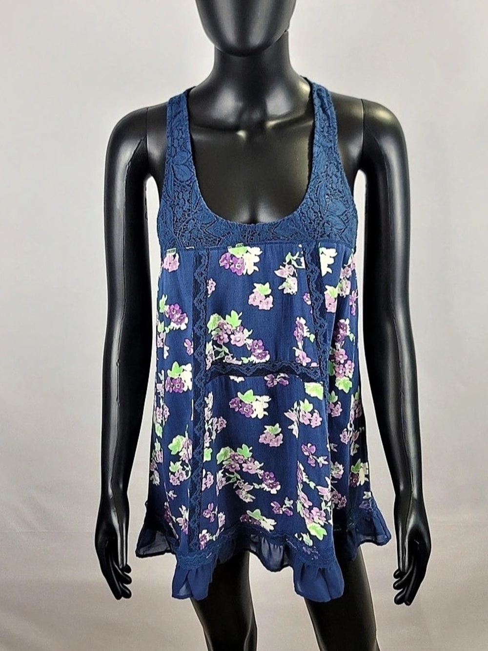 Aeropostale Floral Lace Tank Top Blue Medium